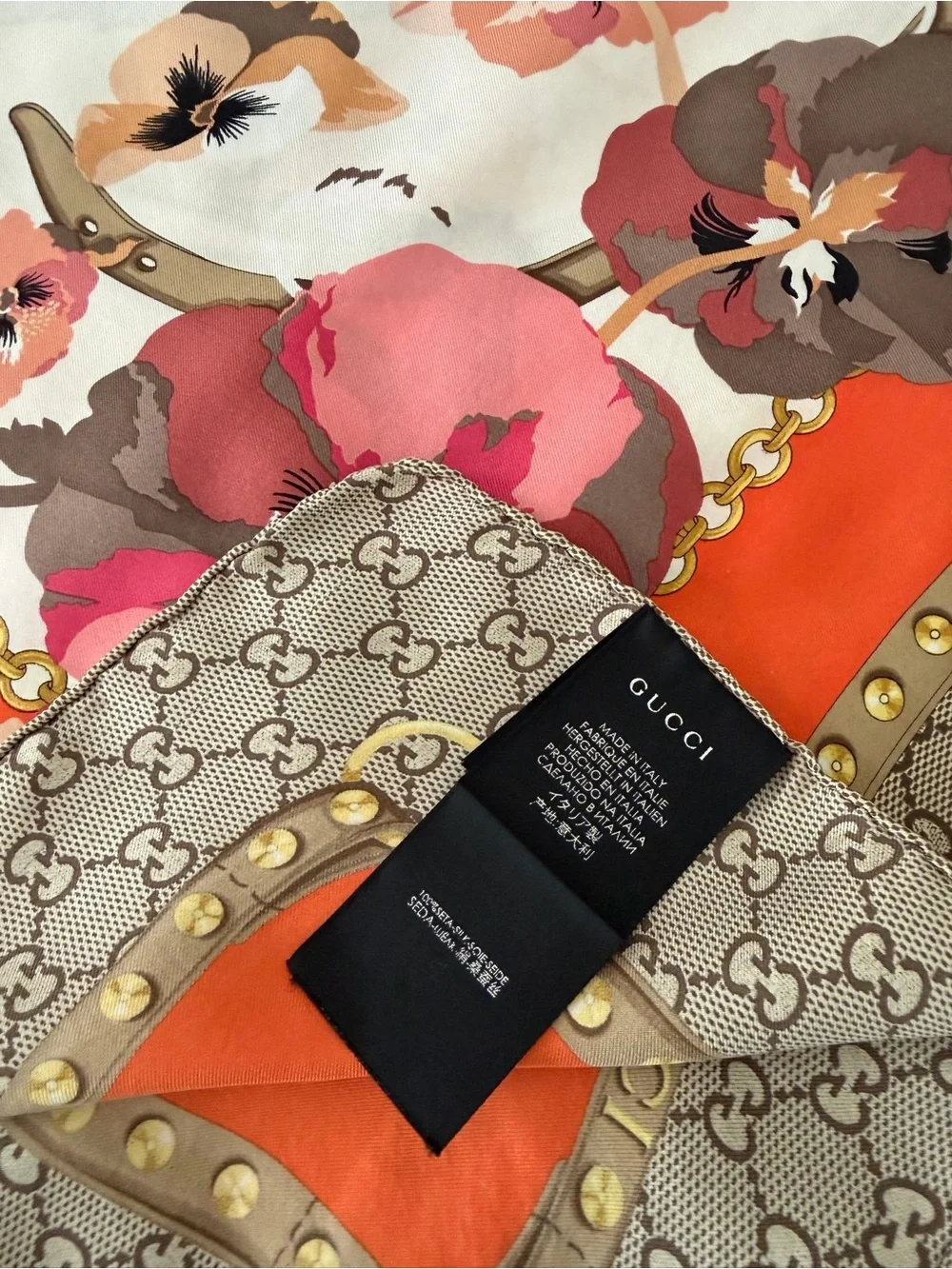 Gucci Orange Beige Pink Floral Silk Scarf